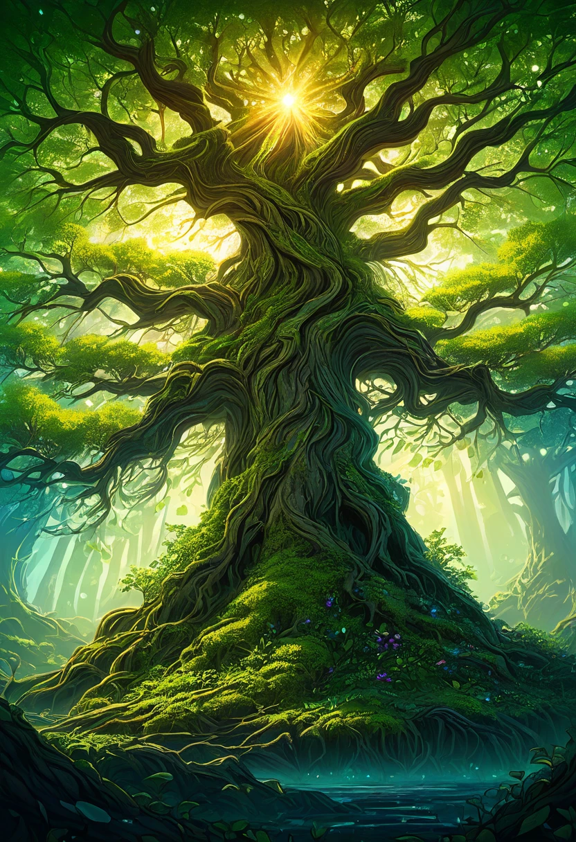 a magical treebeard using nature's power to heal, art nouveau style, ultra-detailed, 8k, highly realistic, dramatic lighting, vivid colors, intricate patterns, organic textures, ethereal atmosphere, fantasy, lush vegetation, glowing magical energy, radiant colors, dramatic shadows and highlights, masterpiece