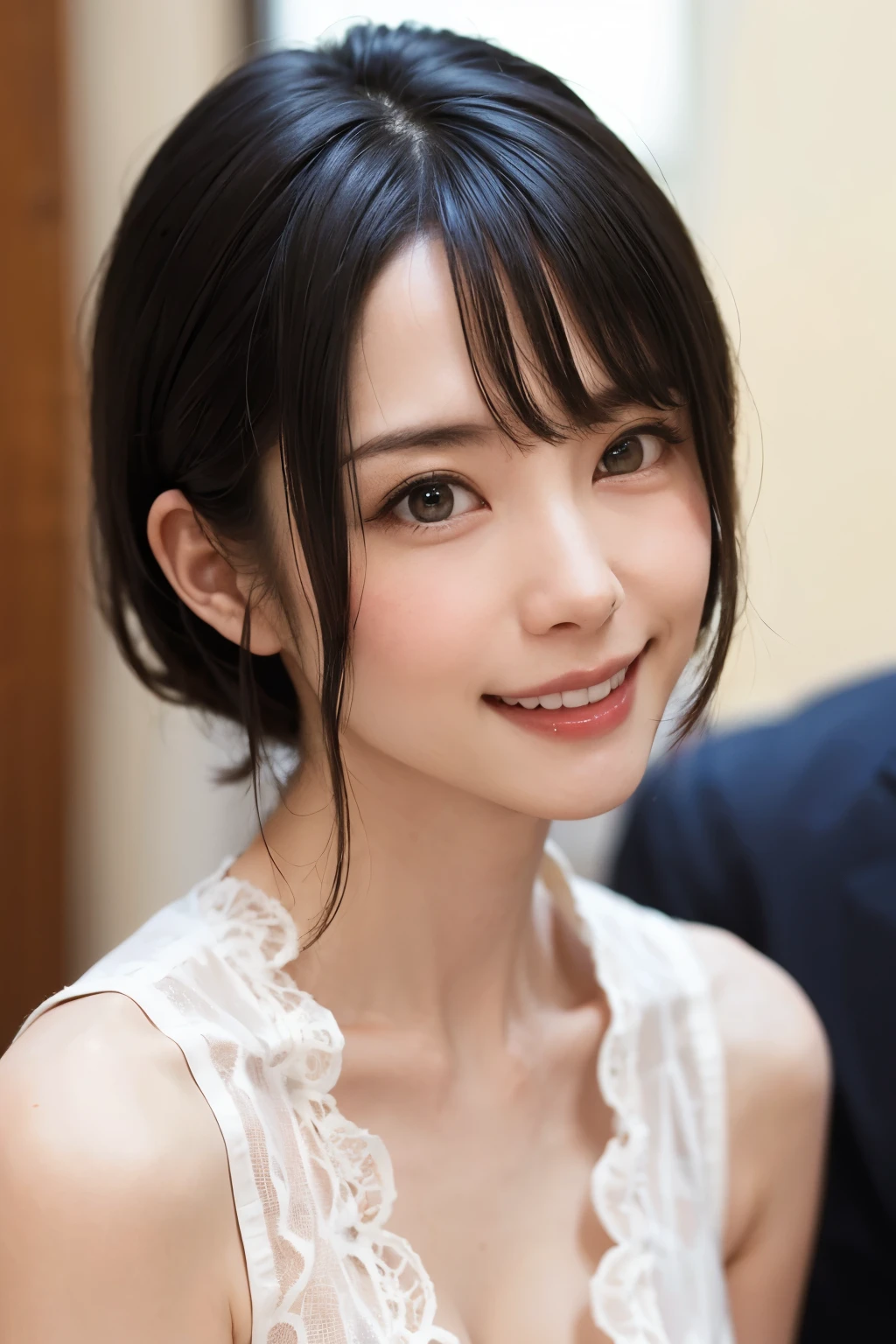 (Tabletop, Highest quality、Very attractive adult beauty、Add strong highlights to the eyes、Look closely at the camera:1.4、A beautiful woman with mature charm、Ideal body type、Perfect Anatomy、Short Brunette Bob、Shiny Hair、Lip gloss),One Girl, alone, 明るい茶色のShiny Hair, scarf,Realistic, Looking at the audience、Please tilt your head a little, Bright colored crystal light blue eyes, 短いShiny Hair、 chestの中央に穴が開いた白いタートルネックの服,chestの真ん中に丸い穴が開いたセクシーな白いタートルネックのニットセーター、 lips, Lip gloss,prohibit, Upper Body、Big eyes、eyelash、Face is a little red、Embarrassing)、((Italian road system in winter))、((Short hair with bangs、Big eyes、Give students a very strong highlight、{Huge|big|Hugeな|Mega} chest:1.4、very bigger chest、Gazing at the audience、Very beautiful beauty、Listen carefully、Long neck、Laugh a little、Beautiful Teeth、Laughing with your mouth open、Heart-shaped pupils))、28 years old、Very cute supermodel、