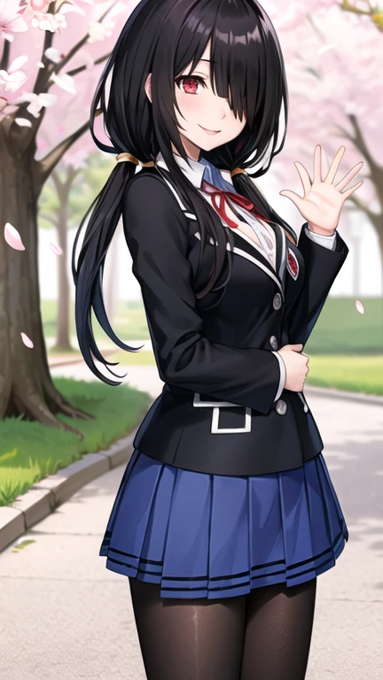 masterpiece, best quality, highres, 1girl, bbkurumi, long hair, hair over one eye, low twintails, school uniform, black jacket, pleated skirt, blue skirt, black pantyhose, standing, outdoors, cowboy shot, smile, cherry blossoms, waving,