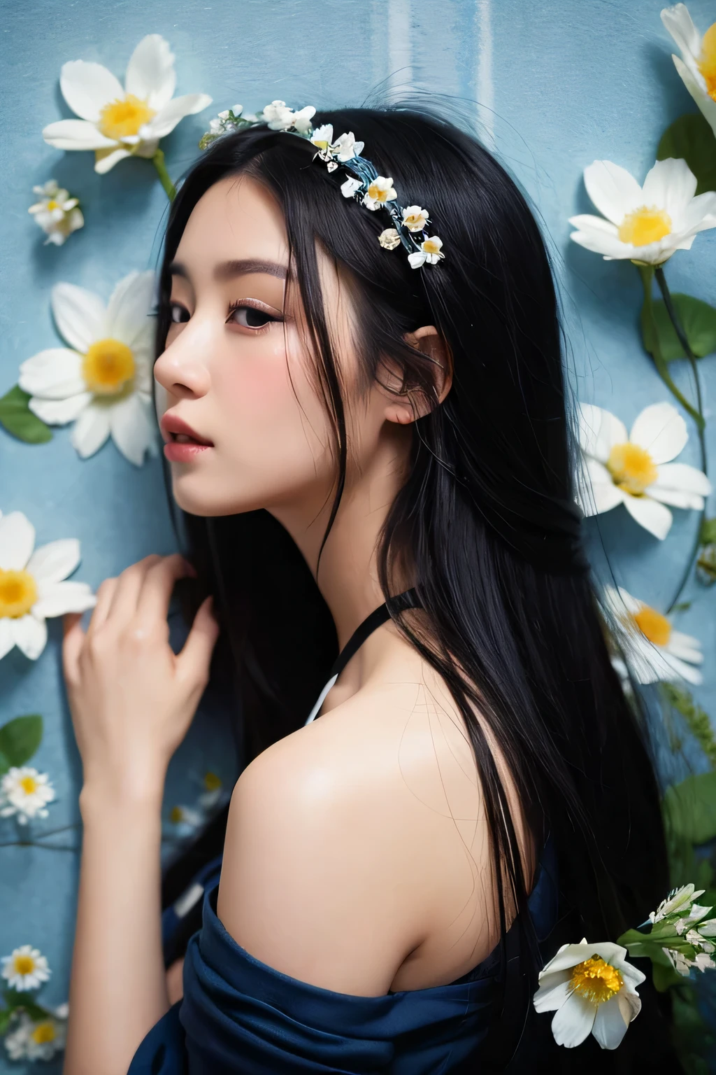(oil:1.5), \\ A woman with long black hair and white flowers in her hair lies against a wall in a smoky blue flower field。, (Amy Sol:0.248), (Stanley Artjam Lau:0.106), (Detailed painting:0.353), (Gothic art:0.106),
