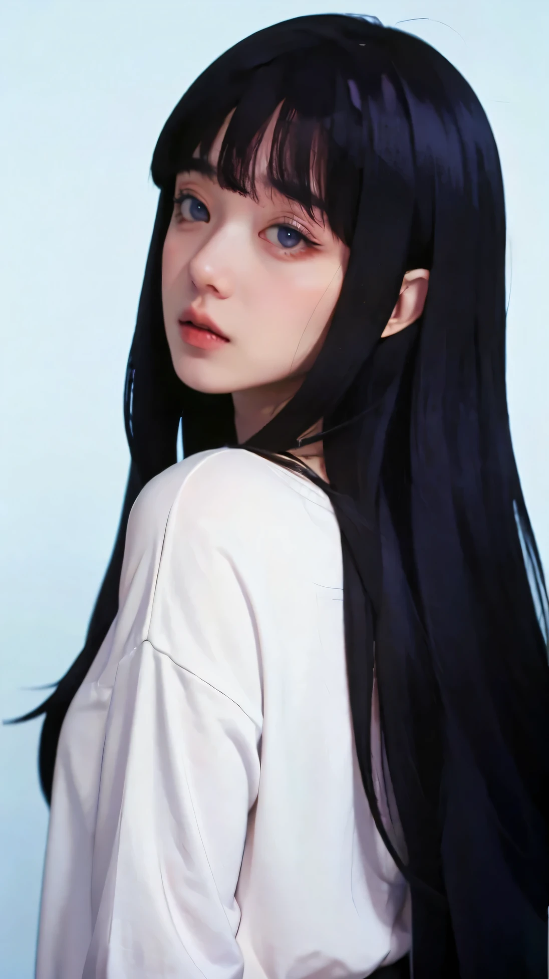 illustrator, anime , realistic ,sketch , 1girl, ,lip, Sweater,order, Blue gradient background, Neon hair,Textured crop, Canadian, (masterpiece,best quality)