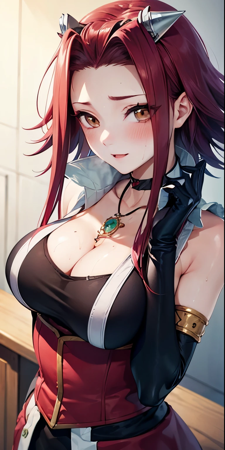 1 Female,High definition,high resolution,Ultra-realistic,8K, aki1, izayoi aki, solo, gloves, elbow gloves, breasts, jewelry, cleavage, choker, necklace, black gloves, large breasts,European,sexy,Upper body close-up,Photographed from the front,Dynamic Angles,blush, medium tits, happy, wink the eye,facial, sweat,multicolored hair 