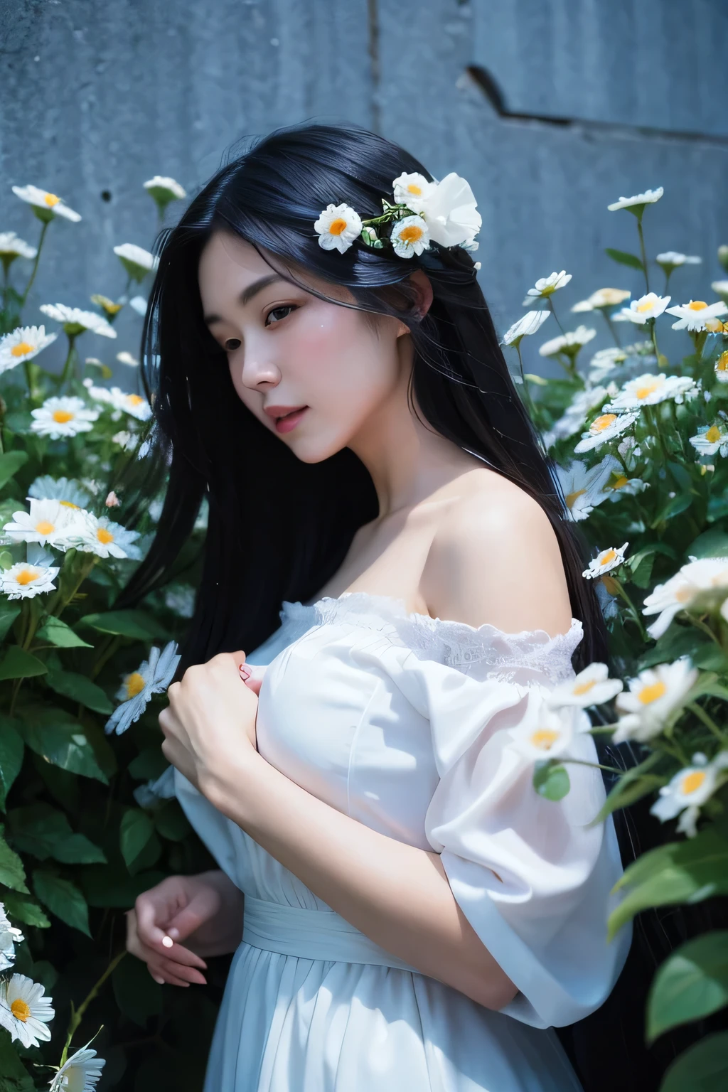 (oil:1.5), \\ A woman with long black hair and white flowers in her hair lies against a wall in a smoky blue flower field。, (Amy Sol:0.248), (Stanley Artjam Lau:0.106), (Detailed painting:0.353), (Gothic art:0.106),