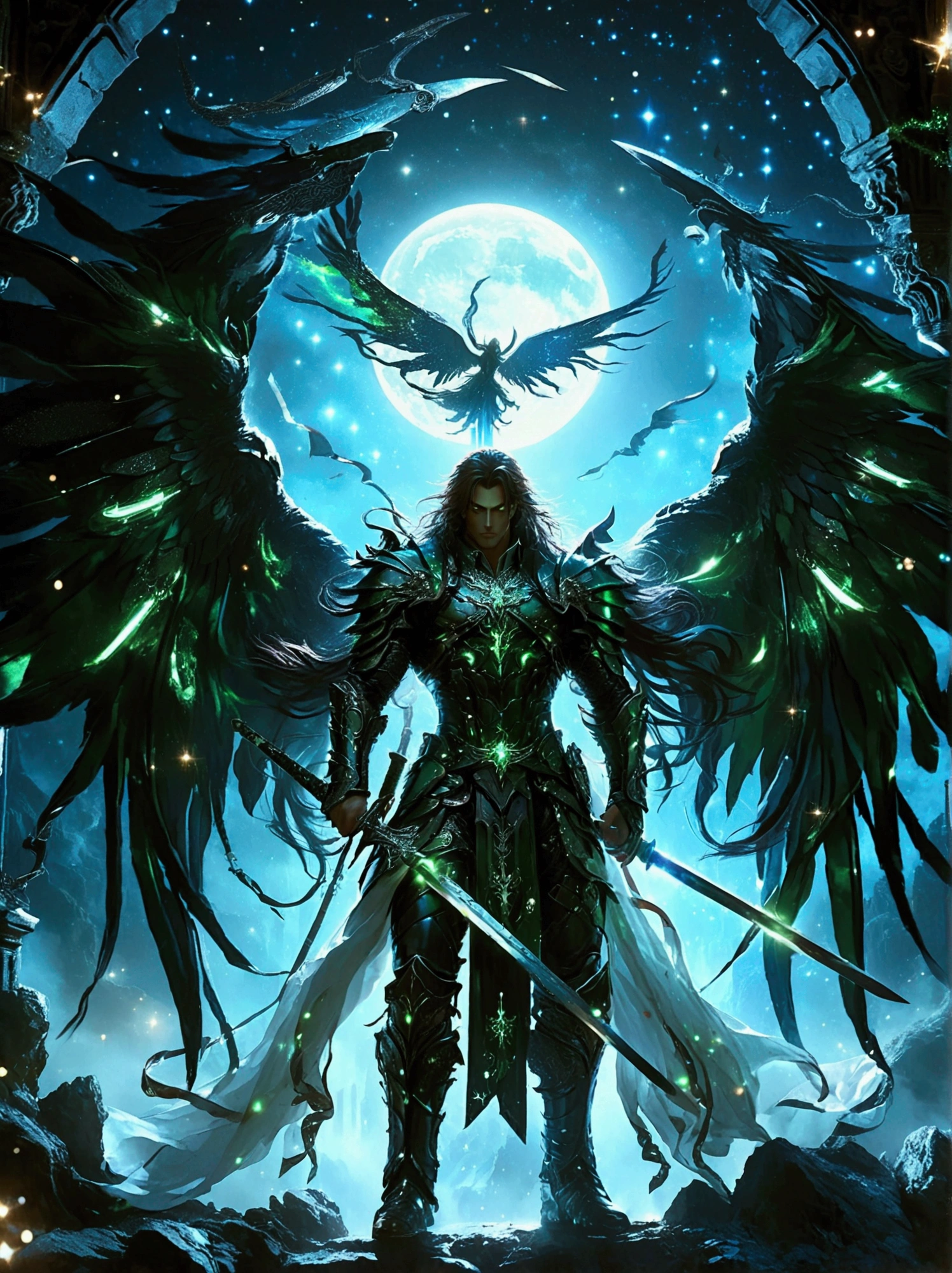 A character with glowing green eyes, demonic wings, and dual-wield swords stands under a starry moonlit night. He has long flowing hair and a muscular physique. He is adorned in uniquely designed armor with sharp, curved designs and ornate with mystic symbols. The stars twinkle brightly above him, and the moon casts an ethereal light upon the foggy terrain.