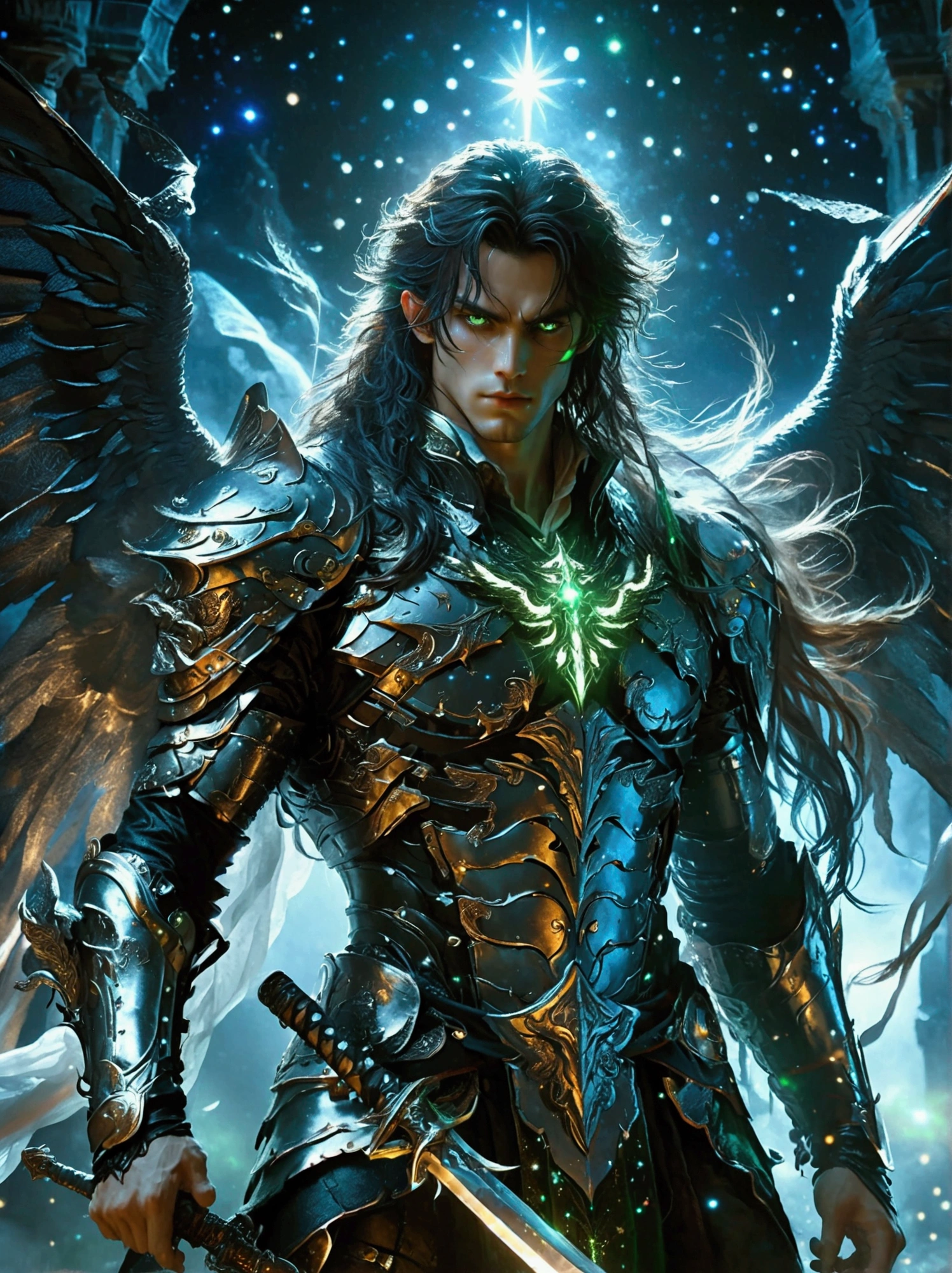 A character with glowing green eyes, demonic wings, and dual-wield swords stands under a starry moonlit night. He has long flowing hair and a muscular physique. He is adorned in uniquely designed armor with sharp, curved designs and ornate with mystic symbols. The stars twinkle brightly above him, and the moon casts an ethereal light upon the foggy terrain.