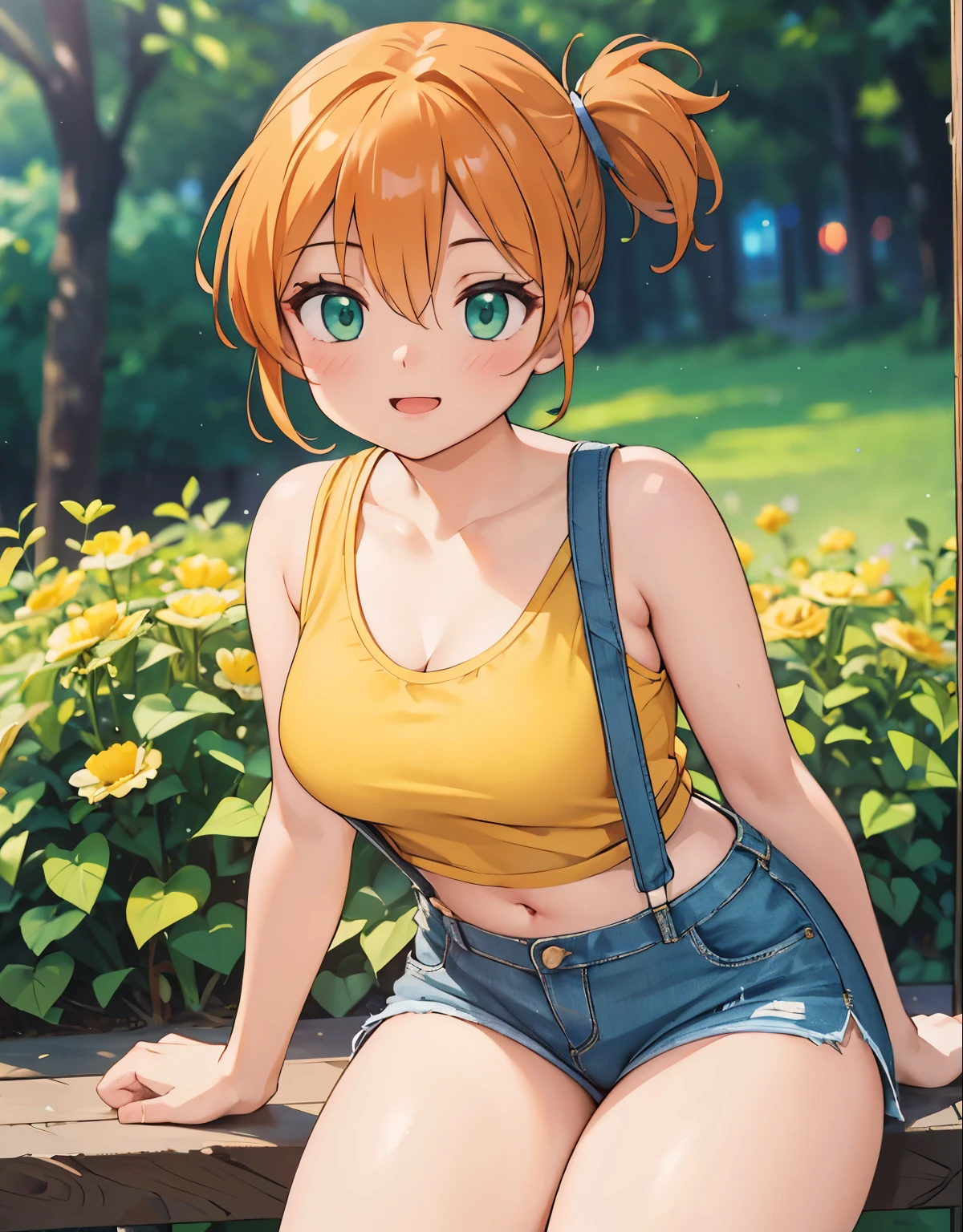 masterpiece, best quality, highres, nami (one piece), short hair, orange hair, brown eyes, cleavage, striped shirt, white shirt, short sleeves, bracelet, miniskirt, yellow skirt, standing, cowboy shot, outdoors,