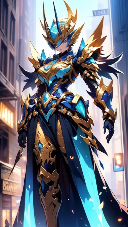 A woman adorned in fantasy-style full-body armor, a crown-concept fully enclosed helmet that unveils only her eyes, a composite layered chest plate, fully encompassing shoulder and hand guards, a lightweight waist armor, form-fitting shin guards, the overall design is heavy-duty yet flexible, (the armor gleams with a golden glow, complemented by red and blue accents), exhibiting a noble aura, she floats above a fantasy-surreal high-tech city, this character embodies a finely crafted fantasy-surreal style armored hero in anime style, exquisite and mature manga art style, (mixture of Queen bee and Spider concept Armor, plasma), ((Element, elegant, goddess, femminine:1.5)), metallic, high definition, best quality, highres, ultra-detailed, ultra-fine painting, extremely delicate, professional, anatomically correct, symmetrical face, extremely detailed eyes and face, high quality eyes, creativity, RAW photo, UHD, 32k, Natural light, cinematic lighting, masterpiece-anatomy-perfect, masterpiece:1.5