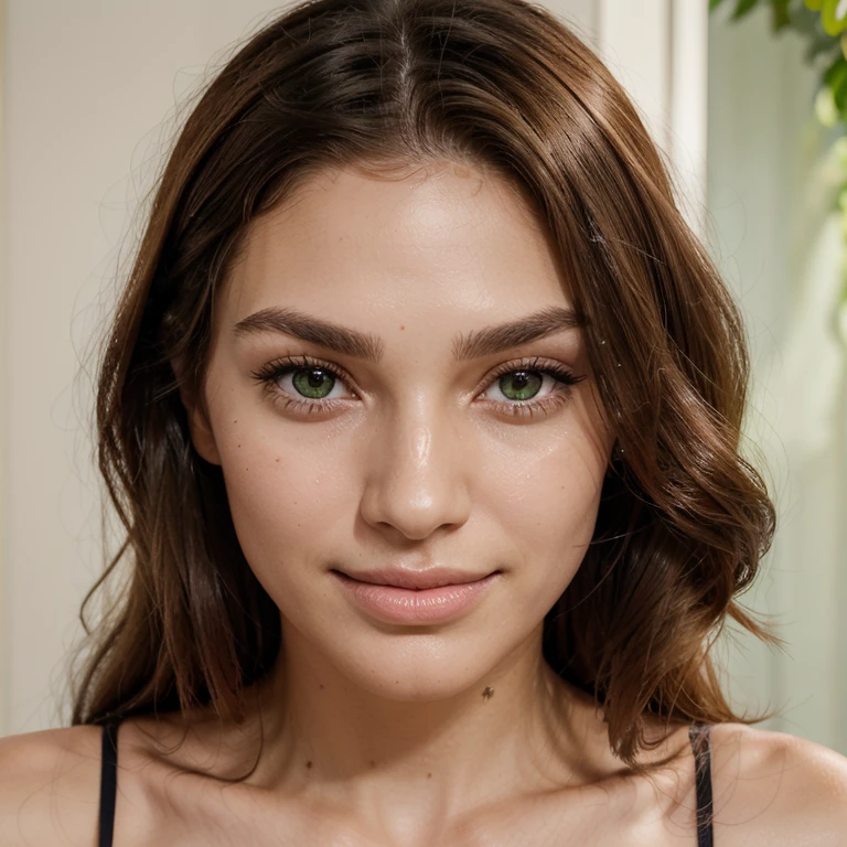 Face with symmetrical facial structure with high and defined cheekbones. Straight and refined nose. soft jaw, without being too angular. big, expressive eyes with long green eyelashes, clear skin, with a pink tone. smooth, blemish-free skin, Brown hair, with soft waves, smiling and looking at the camera