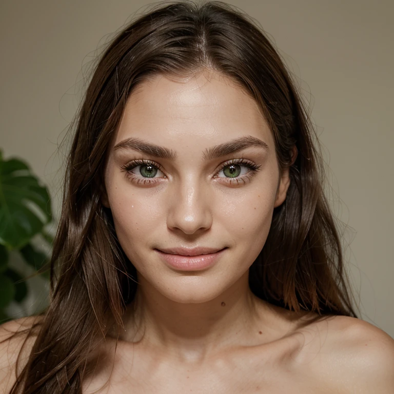 Face with symmetrical facial structure with high and defined cheekbones. Straight and refined nose. soft jaw, without being too angular. big, expressive eyes with long green eyelashes, clear skin, with a pink tone. smooth, blemish-free skin, Brown hair, with soft waves, smiling and looking at the camera