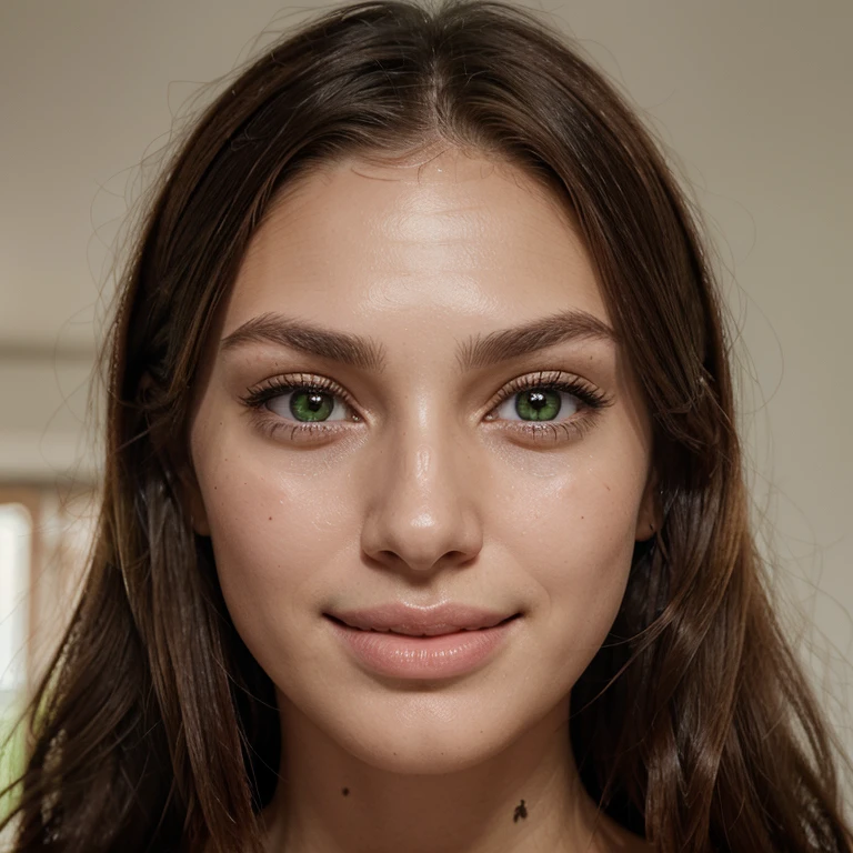 Face with symmetrical facial structure with high and defined cheekbones. Straight and refined nose. soft jaw, without being too angular. big, expressive eyes with long green eyelashes, clear skin, with a pink tone. smooth, blemish-free skin, Brown hair, with soft waves, smiling and looking at the camera
