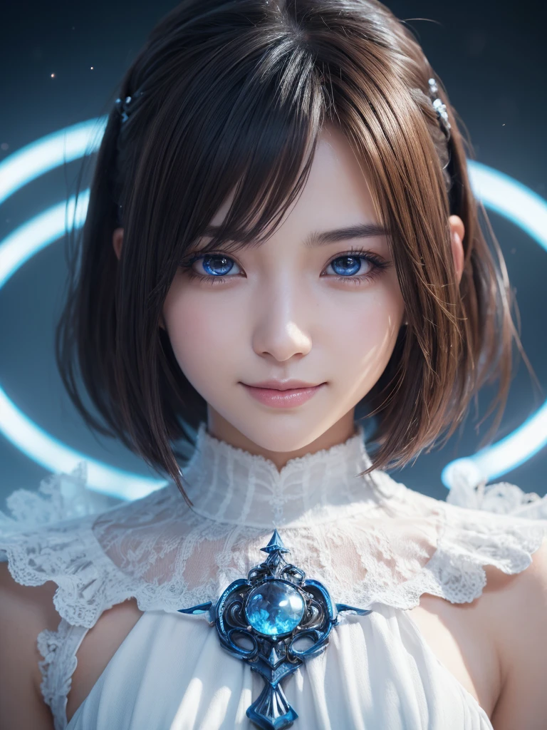 face closeup,beautiful detailed eyes, droppy eyes,beautiful detailed lips, extremely detailed eyes and face, long eyelashes, 1japanese girl, fantasy character, (Final Fantasy, yuuna),smile,short hair,elegant white dress,break, blue long skirt,break,magical girl, highly detailed, fantasy landscape, dramatic lighting, glowing effects, mist, intricate details, volumetric lighting, cinematic composition, hyper realistic, 8k, best quality, masterpiece, photorealistic,Highres fix