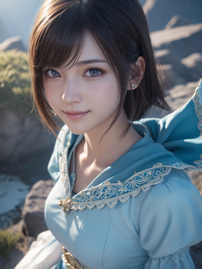 フェイスクローズアップ,beautiful detailed eyes, droppy eyes,beautiful detailed lips, extremely detailed eyes and face, long eyelashes, 1japanese girl, fantasy character, (Final Fantasy, yuuna),smile,short hair,elegant white dress,break, blue long skirt,break,magical girl, highly detailed, fantasy landscape, dramatic lighting, glowing effects, mist, intricate details, volumetric lighting, cinematic composition, hyper realistic, 8k, best quality, masterpiece, photorealistic,Highres fix