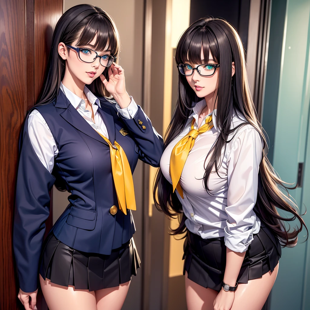 bayonetta, (shirt, pleated skirt:1.2), sunset classroom of school, fluttering hair, ponytail, long wavy hair, long curl hair, huge tit, (abdominal muscle:1.2), long eyelashes, eyeshadow, blush, gentle smile, arms behind head, spread legs