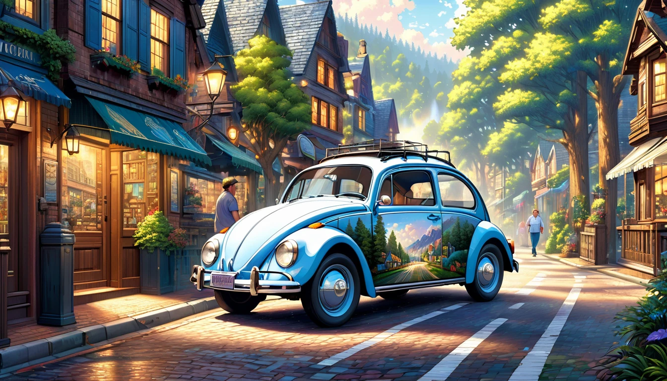 A historic masterpiece,wood々and home々Volkswagen car driving down the street with the background of, highly detailed Digital Painting, And Mumford and Thomas Kinkade, very detailed Digital Painting, Beautifully detailed pixel art, The forested street behind her, Dan Mumford&#39;s art style, Low level of detail. Digital Painting, Colors with attention to detail, Highly detailed color low poly art, Lofi Color,Beautifully drawn, Colorful scene,beautiful retro art, by Bencho Obreshkov, Colourful and detailed, 8k)), Watercolor style, super Realistic painting style, Detailed 4K painting, Realistic painting style, Awesome Wallpapers,There is no one,,Fantasy World,