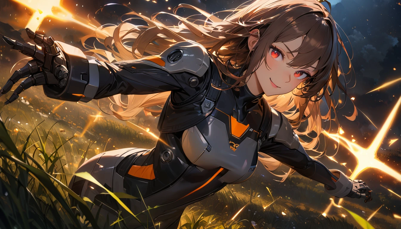 (Super detailed, ultra hd, 8k, best quality, masterpiece, super realistic, realistic light) girl, mecha hand, future suit, long hair, brown hair, red eye, detailed eye, perfect face, standing, smiling, charging (night, field,  smile environment)