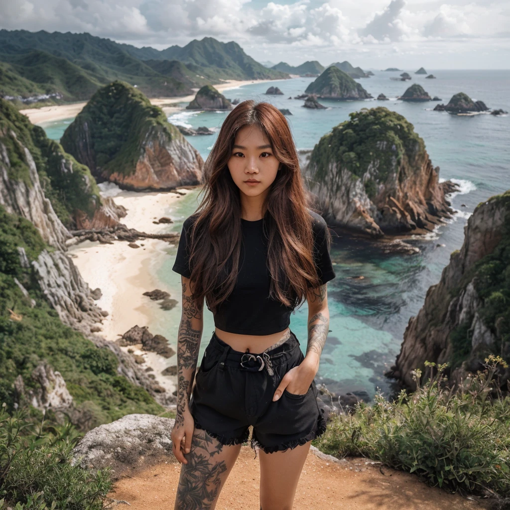 professional photography featuring marine tourism known as "LABUAN BAJO", a Korean beautiful girl with long hair is  wearing a black t-shirt, casual shorts, flip-flops, full of tattoos on his arms, standing on a rocky cliff hill, standing on a height with a view of the beach with clear blue-green water below, behind him there are rocky cliffs jutting out into the sea covered in lush green plants, the rocky cliffs seem to form small islands connected to each other by sea water that forms a lake, the sky is partly cloudy creating a calm and beautiful atmosphere. relaxed pose looking at the camera