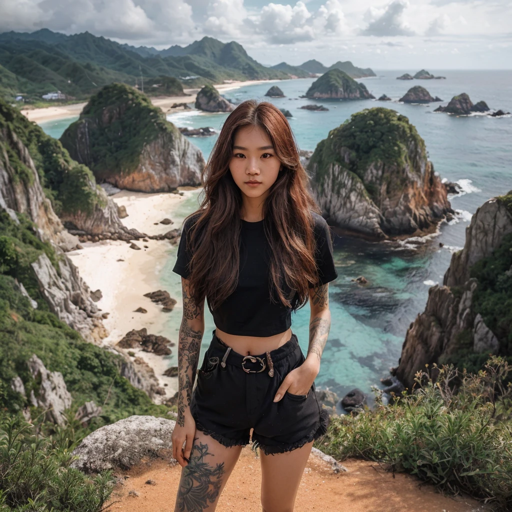 professional photography featuring marine tourism known as "LABUAN BAJO", a Korean beautiful girl with long hair is  wearing a black t-shirt, casual shorts, flip-flops, full of tattoos on his arms, standing on a rocky cliff hill, standing on a height with a view of the beach with clear blue-green water below, behind him there are rocky cliffs jutting out into the sea covered in lush green plants, the rocky cliffs seem to form small islands connected to each other by sea water that forms a lake, the sky is partly cloudy creating a calm and beautiful atmosphere. relaxed pose looking at the camera