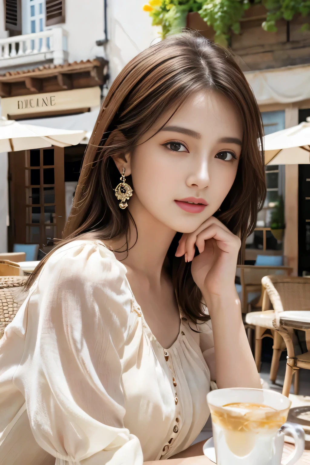 masterpiece, Highest quality, Realistic, Very detailed, Finer details, High resolution, 8k wallpaper, One beautiful woman,Wear a nice blouse, On the terrace of a lovely cafe, at noon, Light brown messy hair, Perfect dynamic composition, Beautiful and beautiful eyes、Big earrings、