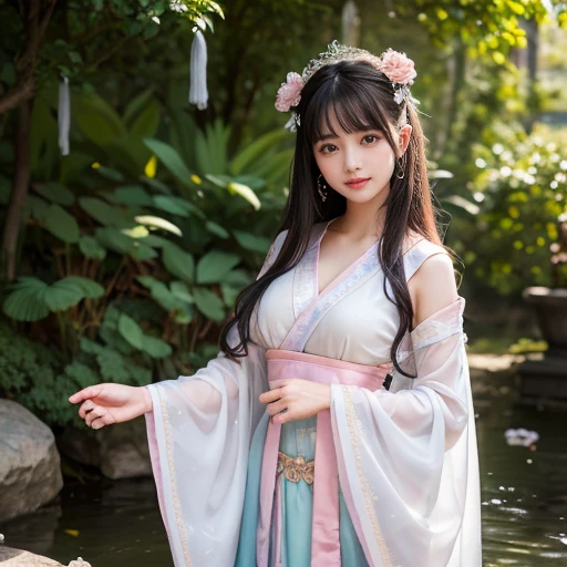 best quality, Delicate face,beautiful visual work, lifelike, eternity, black hair, Long curly hair, blunt bangs, Smile, Detailed Background, Delicate face,blush,cold,((masterpiece))、(top quality)、8k、high detail、Super detailed,21 years old female,身穿唐制Hanfu、waist skirt, Clothes are light and fluffy,Hanfu, wide sleeves, Transparent sleeves, Tunic, Clothes made of chiffon, Seductive and whimsical style、masterpiece、born、Scenes resembling fairy tale illustrations、intricate details和複雜的設計、Beautifully、magic、capricious、 Beautifully、Dream aesthetics、「𝓡𝓸𝓶𝓪𝓷𝓽𝓲𝓬、ethereal、charming、fickle、magic」、realism、Visual effects、FXAA、SSAO、Shader、voiceless、ambient lighting、Tone mapping、High resolution、Ultra high quality、Million pixels、(8K resolution:1.10)、8k、8k以下、8K resolution、high detail、intricate details, (high quality:1.2、masterpiece:1.2、:1.21)、(21 years old female:1.21)、(興奮地Smile)、(被dream般的氛圍所包圍、Model diagram,full-body shot,Normal 2 feet,Put your hands behind you,The protrusion of the breast is visible when wearing clothes, Large Breasts, H cup chest, antiquity, Xian Xia, gauze clothes, Soft and fluttering, Fairy, dream, fantasy, light, Elegant, nature, Immortal, romantic, classical, ribbon, light green clothes, By the stream