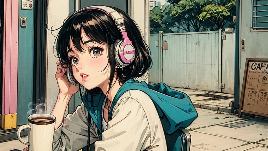 1 girl, 80s anime style, I have headphones on, coffee, Retro, Lo-Fi