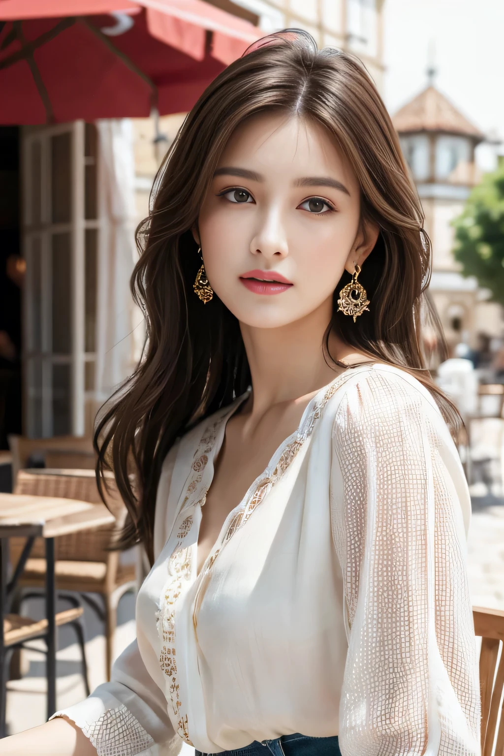 masterpiece, Highest quality, Realistic, Very detailed, Finer details, High resolution, 8k wallpaper, One beautiful woman,Wear a nice blouse, On the terrace of a lovely cafe, at noon, Light brown messy hair, Perfect dynamic composition, Beautiful and beautiful eyes、Big earrings、