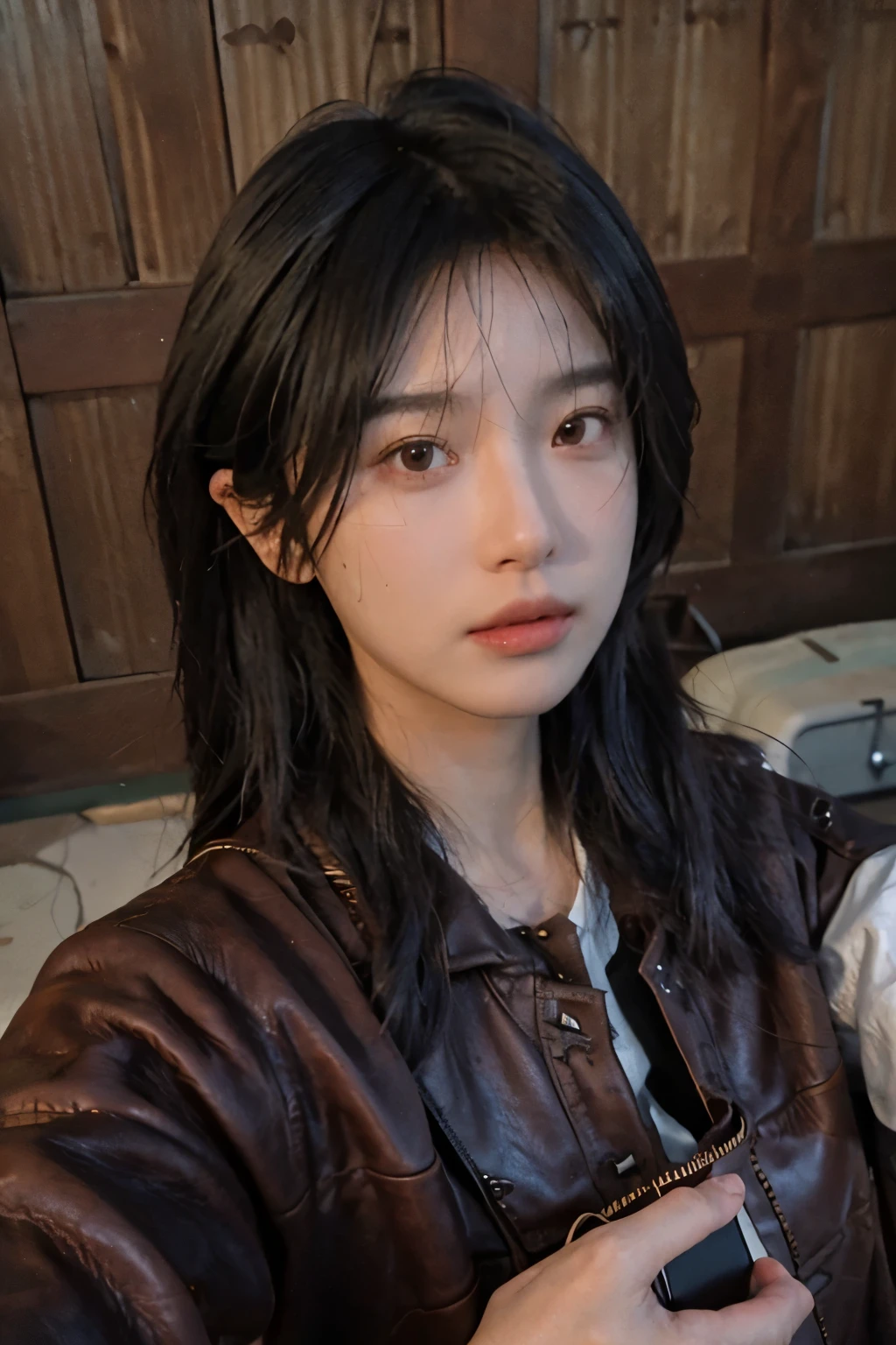8k,Best Quality, masterpiece, ultra high resolution, (photorealistic:1.4), raw photo, (Genuine leather texture:1.3), (film grain:1.3), (Selfie angle),1 girl,beautiful detailed eyes and face,masterpiece, Best Quality,close up,Whole body