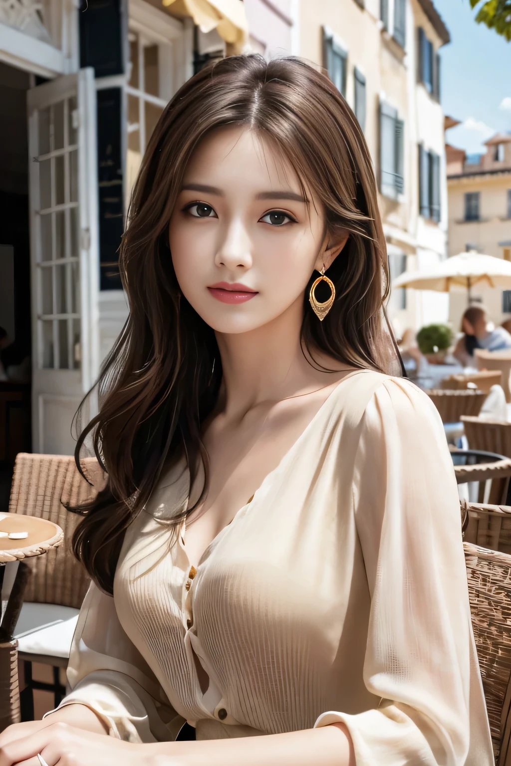 masterpiece, Highest quality, Realistic, Very detailed, Finer details, High resolution, 8k wallpaper, One beautiful woman,Wear a nice blouse, On the terrace of a lovely cafe, at noon, Light brown messy hair, Perfect dynamic composition, Beautiful and beautiful eyes、Big earrings、