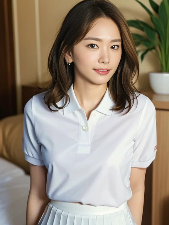 (Masterpiece, Best quality: 1.4), (Ultra realistic, Photo-realistic: 1.2), Seductive pose, (arms behind back: 1.2), Beautiful thighs, spread legs, Looking at viewer, Natural light, 28 years old actress, Japanese women, Neat and clean, ((Wearing white tennis uniform, White short-sleeve polo shirt with collar: 1.2)), (unbutton:1.2), ((Wearing white pleated tennis skirt: 1.2)), (Ponytail short wavy hairstyle: 1.2), Light brown hair color, (Beautiful Face), Oval face, clear, (Beautiful eyes, Kind eyes), (Clear skin), Small face, (Small mouth, Beautiful mouth), Natural makeup, Approachable, Luxury hotel Suite room, Seductive smile, Bedroom eyes, Embarrassed, blush,