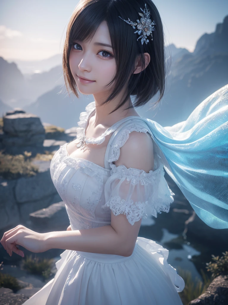 head shot,beautiful detailed eyes, droppy eyes,beautiful detailed lips, extremely detailed eyes and face, long eyelashes, 1japanese girl, fantasy character, (Final Fantasy, yuuna),smile,short hair,elegant white dress,break, blue long skirt,break,magical girl, highly detailed, fantasy landscape, dramatic lighting, glowing effects, mist, intricate details, volumetric lighting, cinematic composition, hyper realistic, 8k, best quality, masterpiece, photorealistic,Highres fix