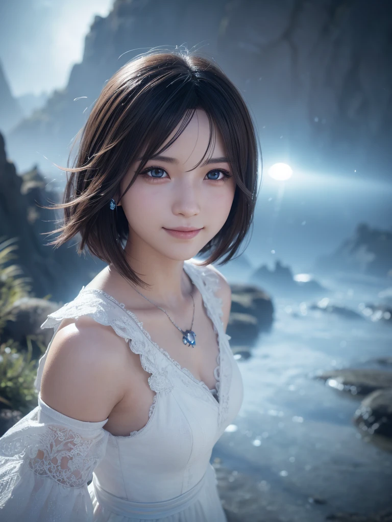 face closeup,beautiful detailed eyes, droppy eyes,beautiful detailed lips, extremely detailed eyes and face, long eyelashes, 1japanese girl, fantasy character, (Final Fantasy, yuuna),smile,short hair,elegant white dress,break, blue long skirt,break,magical girl, highly detailed, fantasy landscape, dramatic lighting, glowing effects, mist, intricate details, volumetric lighting, cinematic composition, hyper realistic, 8k, best quality, masterpiece, photorealistic,Highres fix