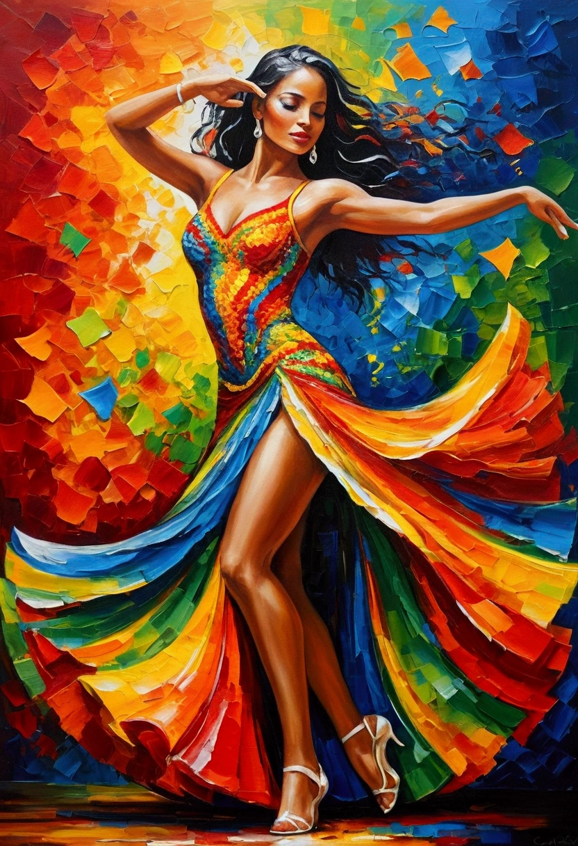 **Captivating and beautiful salsa dancer, her dress vibrant and painted in bright colors, in each movement she releases red, orange, yellow, green, blue and white paint. Creating a unique and unrepeatable symphony, very visual and dynamic on a textured background**