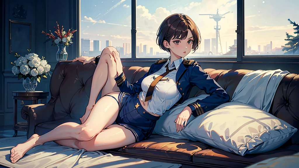 masterpiece,(Perfect Anatomy:1.5), highest quality, a lady , slender, leggy, Seductive, short hair, brown hair, (wear a white long sleeved shirt, tie, navy officer jacket:1.5), white bikini panties , barefoot, Perfect hands, Perfect body, reclining, lying on a sofa, leg up , shirt lift, looking away, ((Exquisite detail)), Very finely crafted fingers(((10 fingers))), (full body showcase), (Show your whole body), (no background), (No logo) , high resolution, parted lips