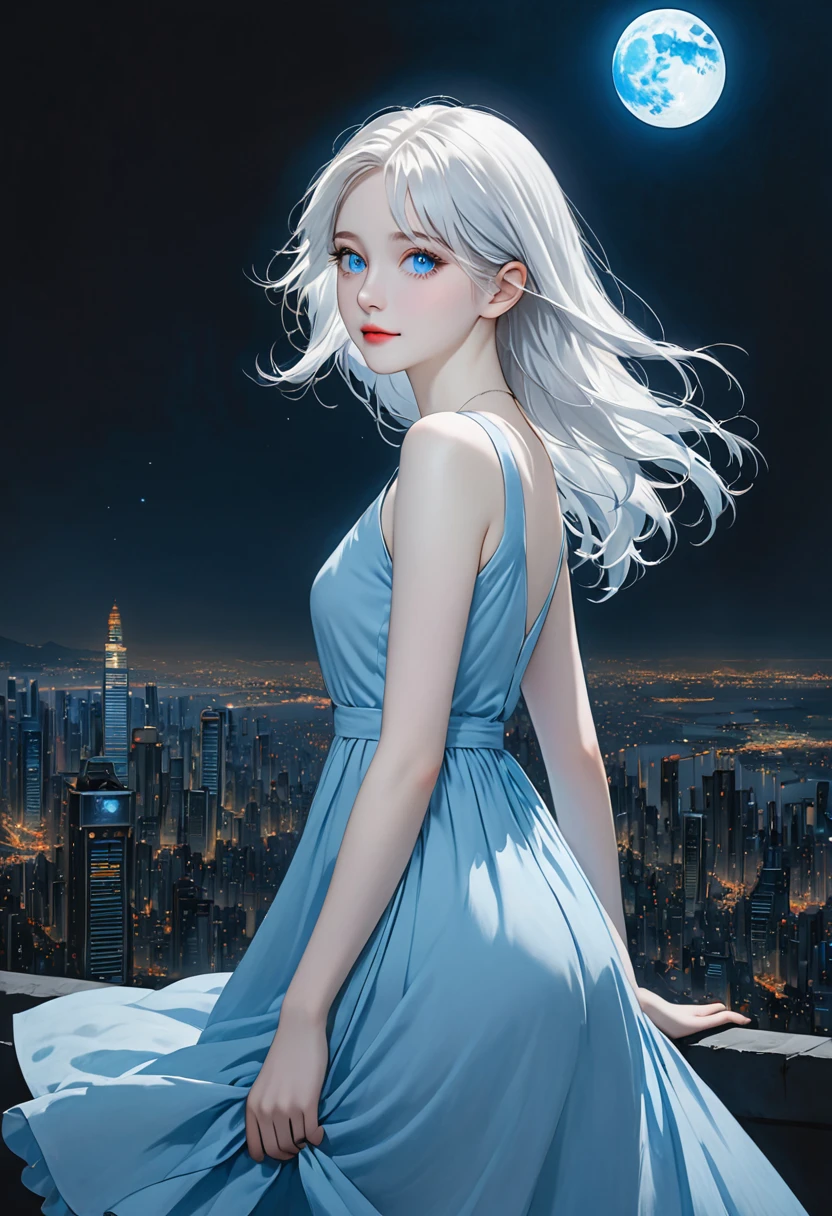 1 woman around 20 years old, pale skin, long white hair, blue colored eyes, wearing a simple light blue dress, black backdrop, over the city moon