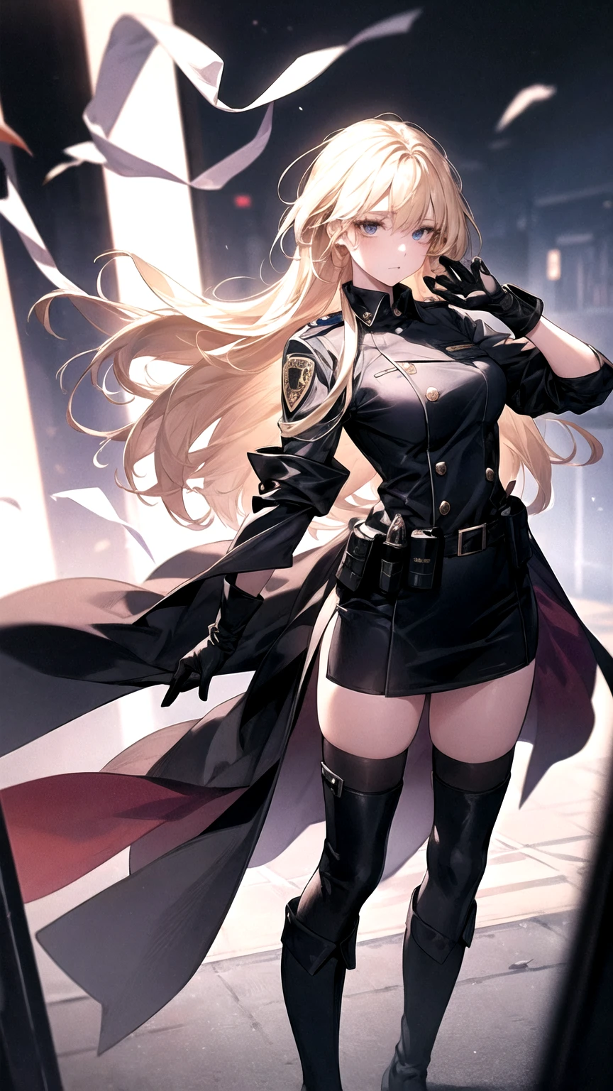 long gloves up to the elbow、Female police officer、Overbearing、Blonde、whole body、Knee-high boots