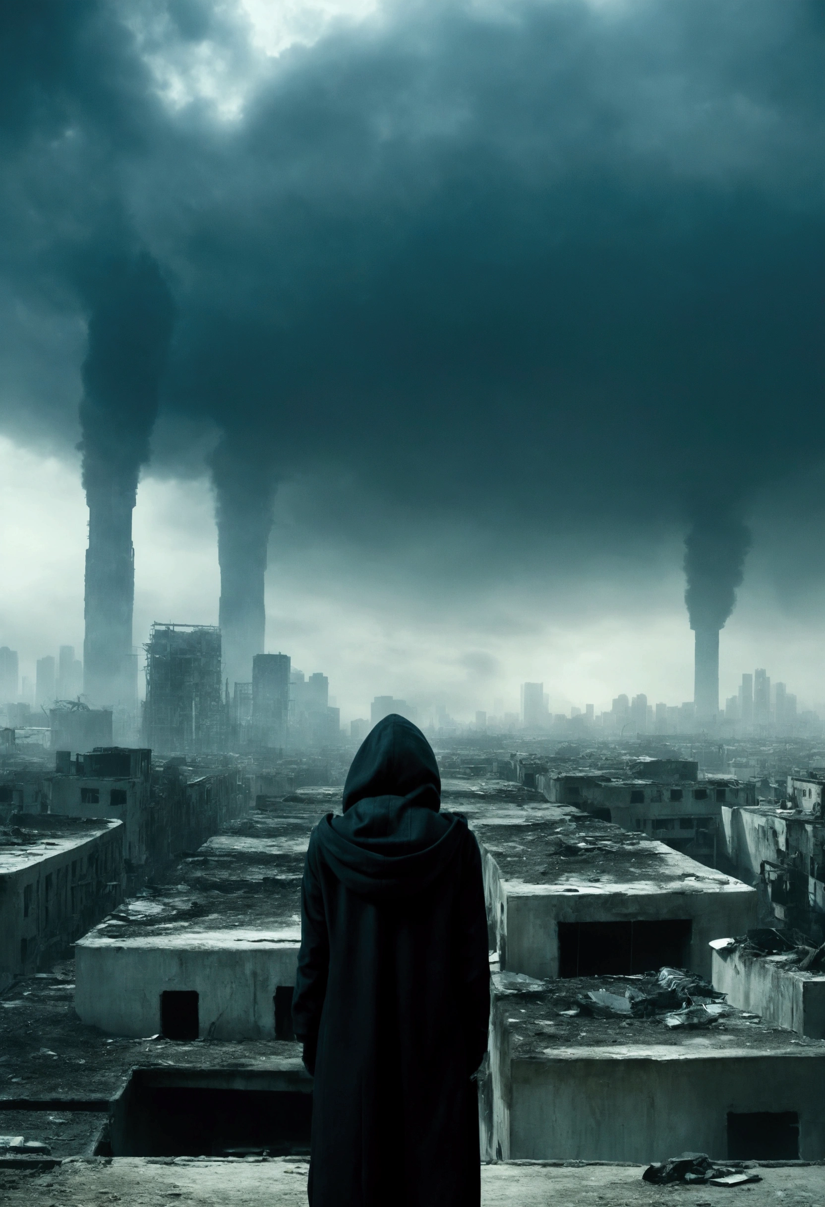 image taken from above and behind the shoulder of a woman from behind and DRESSED IN A HOOD and torn clothes revealing her body from a second floor balcony of a dilapidated futuristic building, She is looking at an aerial view of an ultrafuturistic North American megalopolis, dthispia, garbage in the streets, dilapidated curved buildings, modern apocalypse, view of the entire city with many wide, cylindrical buildings and metal houses in dark colors, from dark blue to black and in ruins, the apocalyptic city has metallic gray tones, has smoky metal structures , this&#39;it&#39;s raining, there are puddles of water in the streets, apocalyptic industrial environment with smoke and fog around, dark cars on the streets, there are wide, long and forked viaducts in the middle of the city, desert megalopolis, modern metal rails and trains passing through the city streets, tall futuristic metal buildings, many ultramodern buildings around, , as realistic as possible, as detailed as possible, PICTURE REALISTIC, Science fiction
