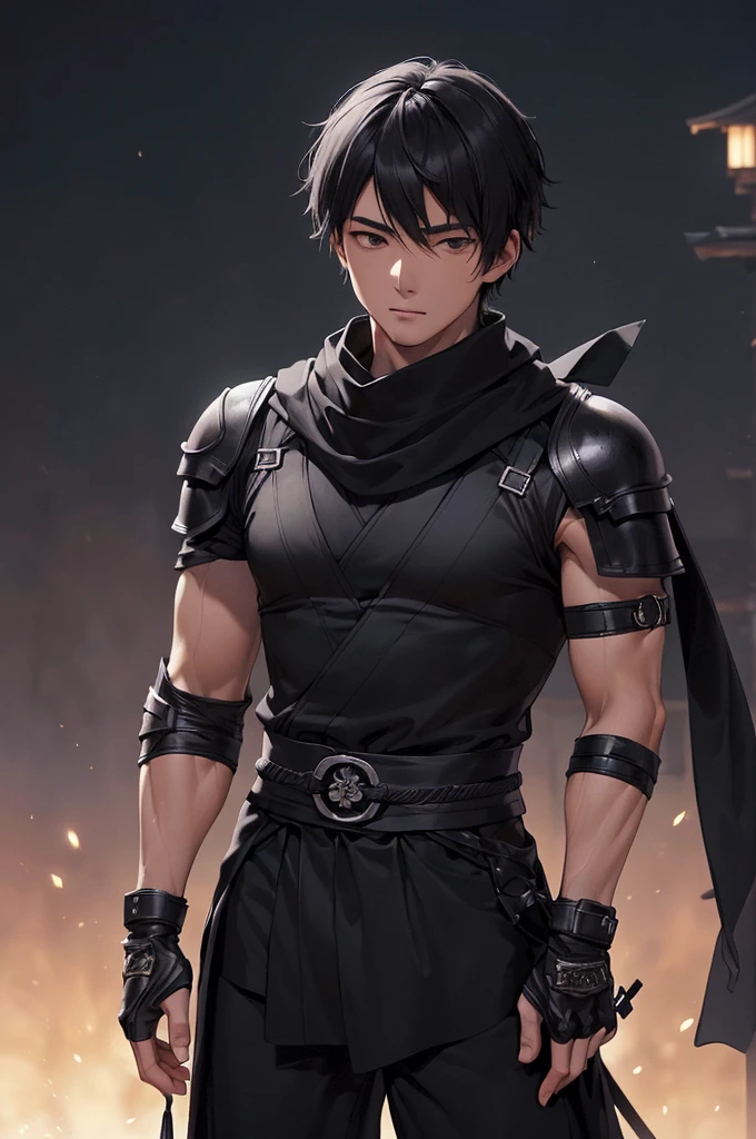 (((masterpiece; best quality: 1.2))), (finely detailed eyes: 1.3), ((1 young man)), ((solo)), (black eyes: 1.4), (body shape; lean, masculine: 1.3), (very short black hair: 1.3), (beautiful and clear background: 1.2), ((depth of field)), (equipment: black shinobi clothing + fully covered + black kimono + black pants + black scarf + black bracers + black fingerless gloves + wolf mask: 1.3), (anime illustration: 1.2), (background composition; old japanese mansion + night: 1.1), (extremely fine and handsome: 1.1), (shot composition; standing + centered on torso + close-up: 1.5), (facial expression; calm, stoic: 1.2)