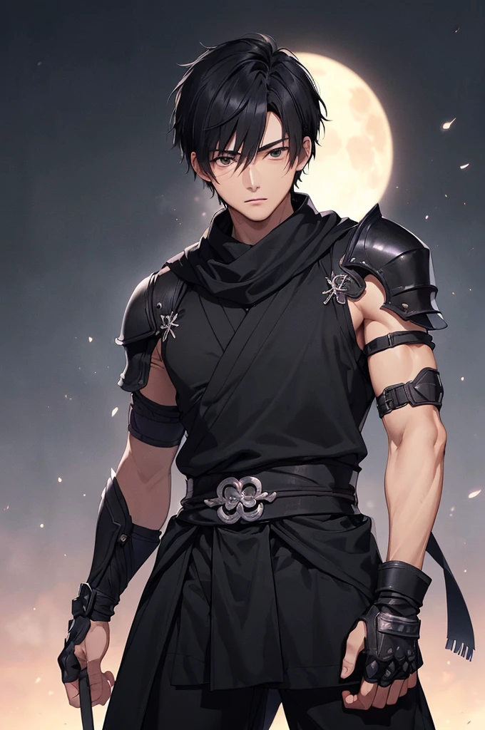 (((masterpiece; best quality: 1.2))), (finely detailed eyes: 1.3), ((1 young man)), ((solo)), (black eyes: 1.4), (body shape; lean, masculine: 1.3), (very short black hair: 1.3), (beautiful and clear background: 1.2), ((depth of field)), (equipment: black shinobi clothing + fully covered + black kimono + black pants + black scarf + black bracers + black fingerless gloves + wolf mask: 1.3), (anime illustration: 1.2), (background composition; old japanese mansion + night: 1.1), (extremely fine and handsome: 1.1), (shot composition; standing + centered on torso + close-up: 1.5), (facial expression; calm, stoic: 1.2)