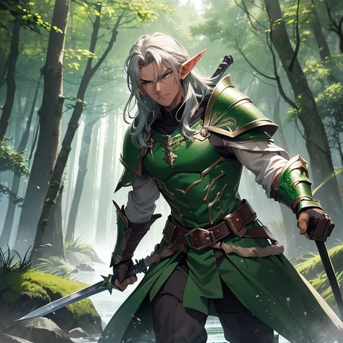 (absurdres, best high quality image, high resolution, carefuly detailed features and textures, very detailed image, solo character alone, full character front view): {{(1character: 1.000 years old male mature beautiful elf king), (tall and muscular, dark brown long hair, green eyes with black pupils, pointy elf ears, dark tanned skin, handsome beautiful male, sexy masculinity), (green royal battle helmet, nose armor, cheeks armor, green elvish battle armor, green cuirass, green belly steel, green elegant shoulder plates, green arm plates, green elbow plates, brown belt, green hip armor, green long armored boots, (two long swords, made of silver blades, green steel sword handles)), (aggresive combat posetion, angry face, clenching mouth, arms holding his swords), (beautiful forest of elves and green nature, green trees, blue flowers, silver lakes of water)}}
