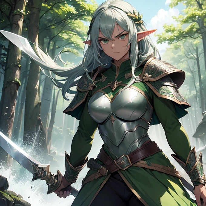 (absurdres, best high quality image, high resolution, carefuly detailed features and textures, very detailed image, solo character alone, full character front view): {{(1character: 1.000 years old male mature beautiful elf king), (tall and muscular, dark brown long hair, green eyes with black pupils, pointy elf ears, dark tanned skin, handsome beautiful male, sexy masculinity), (green royal battle helmet, nose armor, cheeks armor, green elvish battle armor, green cuirass, green belly steel, green elegant shoulder plates, green arm plates, green elbow plates, brown belt, green hip armor, green long armored boots, (two long swords, made of silver blades, green steel sword handles)), (aggresive combat posetion, angry face, clenching mouth, arms holding his swords), (beautiful forest of elves and green nature, green trees, blue flowers, silver lakes of water)}}