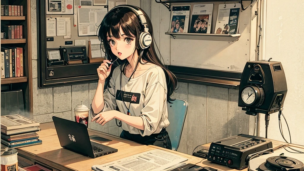 1 girl, 80s anime style,  I have headphones on, coffee, Retro, Lo-Fi