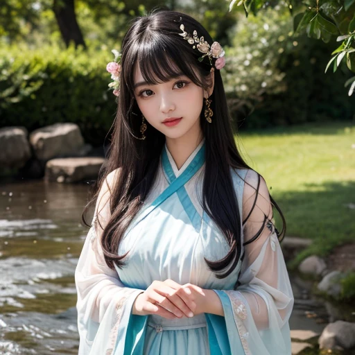best quality, Delicate face，beautiful visual work, lifelike, eternity, black hair, Long curly hair, blunt bangs, Smile, Detailed Background, Delicate face，blush，cold，((masterpiece))、(top quality)、8k、high detail、Super detailed，21 years old female，身穿唐制Hanfu、waist skirt, Clothes are light and fluffy，Hanfu, wide sleeves, Transparent sleeves, Tunic, Clothes made of chiffon, Seductive and whimsical style、masterpiece、born、Scenes resembling fairy tale illustrations、intricate details和複雜的設計、Beautifully、magic、capricious、 Beautifully、Dream aesthetics、「𝓡𝓸𝓶𝓪𝓷𝓽𝓲𝓬、ethereal、charming、fickle、magic」、realism、Visual effects、FXAA、SSAO、Shader、voiceless、ambient lighting、Tone mapping、High resolution、Ultra high quality、Million pixels、(8K resolution:1.10)、8k、8k以下、8K resolution、high detail、intricate details， (high quality:1.2、masterpiece:1.2、:1.21)、(21 years old female:1.21)、(興奮地Smile)、(被dream般的氛圍所包圍、Model diagram，full-body shot，Normal 2 feet，Put your hands behind you，The protrusion of the breast is visible when wearing clothes, Large Breasts, H cup chest, antiquity, Xian Xia, gauze clothes, Soft and fluttering, Fairy, dream, fantasy, light, Elegant, nature, Immortal, romantic, classical, ribbon, light green clothes, By the stream
