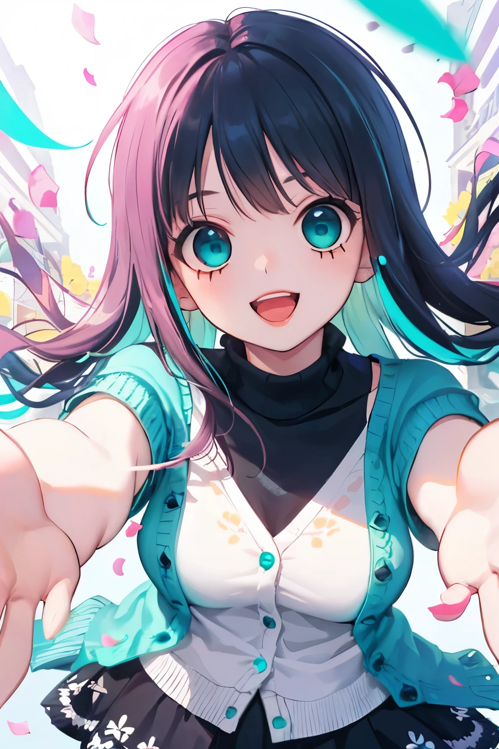 character//bluish black hair,blue eyes,long braided hair,With bangs,(eye size 1.6),(Open mouth and smile happily),break//((Turquoise blue short sleeve knit cardigan:1.3)),break//((Transparent black turtleneck innerwear)),break//((cream floral skirt)),((Raise your arms high and reach out to me:1.5)),break//((Colorful petals dance:1.3)),(festival atmosphere),((look up:1.25)),((Angle directly above)),((close up of face:1.3)),