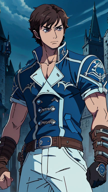 (1boy: richter, short hair, bangs, blue eyes, brown hair), (extremely detailed CG unit 8k wallpaper),(master part), (best quality), (ultra detail), (best illustration),(Oda Eiichirou style), cowboy shot, (Sharp eyeliner, ombre, detail eyes:1), Dracula Castle background, ,break , (vamptech), Upper body, shirt, gloves, collarbone, jacket, short sleeves, black gloves, belt, pants, fingerless gloves, blue jacket, white pants,