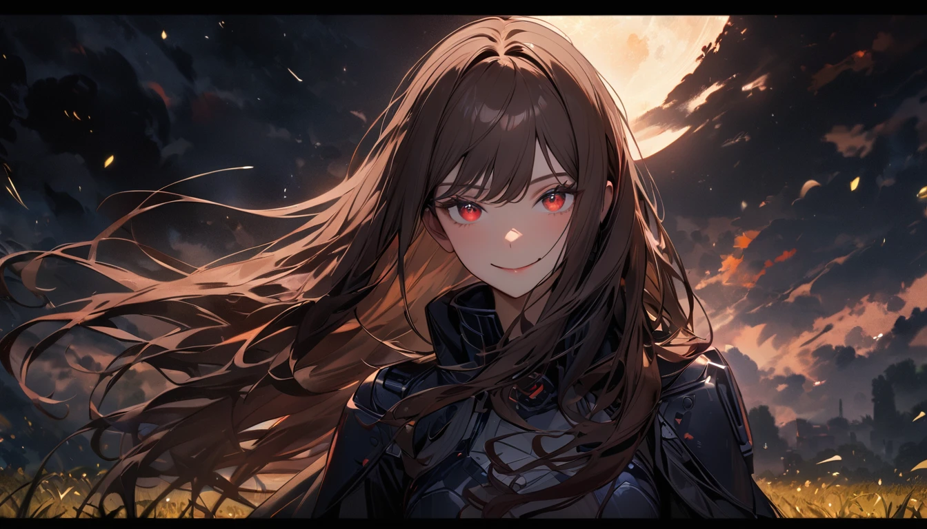 (Super detailed, ultra hd, 8k, best quality, masterpiece, super realistic, realistic light) girl, mecha hand, long hair, straight hair, brown hair, red eye, detailed eye, perfect face, standing, smiling, charging (night, field,  smile environment)