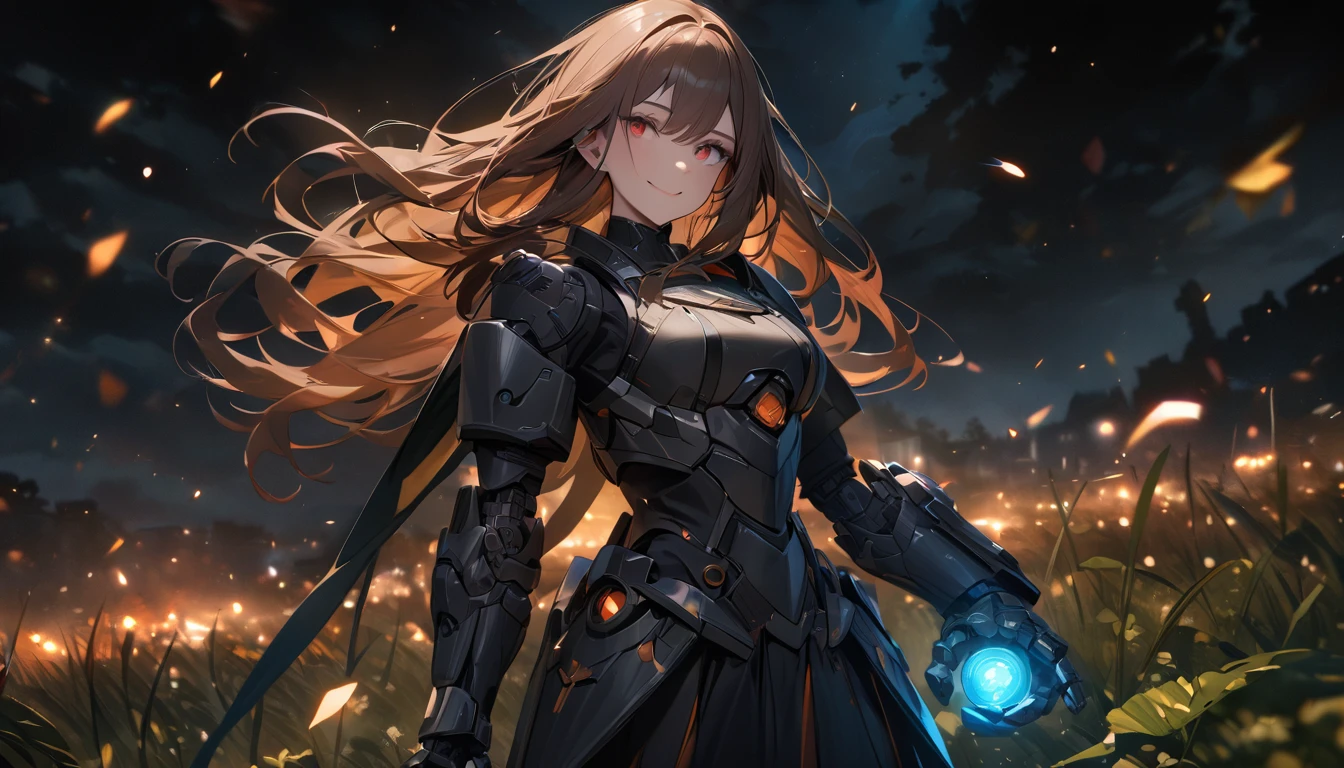 (Super detailed, ultra hd, 8k, best quality, masterpiece, super realistic, realistic light) girl, mecha hand, long hair, straight hair, brown hair, red eye, detailed eye, perfect face, standing, smiling, charging (night, field,  smile environment)