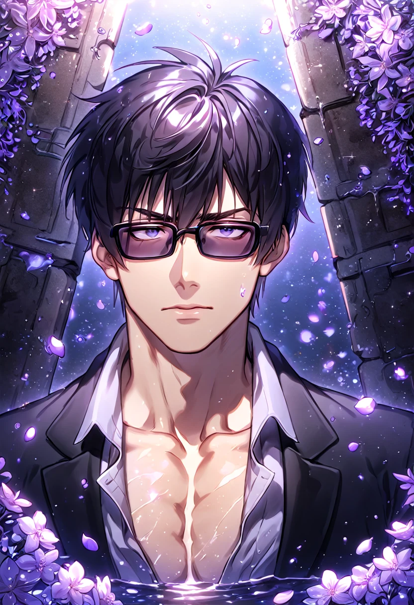 Ultra detailed, HDR, Highres, absurdres, master piece, Nicholas D. Wolfwood, black hair, expressive gray eyes, black sunglasses, black jacket, grey shirt, Trigun, sexy man, handsome, purple flowers, petals, fantasy, magical, purple leaves, handsome, best quality, glittering, manly man, sensual, horny, water, purple shining fireflies,