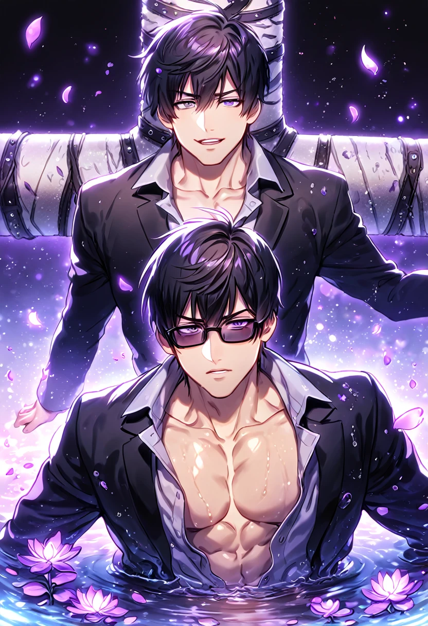 Ultra detailed, HDR, Highres, absurdres, master piece, Nicholas D. Wolfwood, black hair, expressive gray eyes, black sunglasses, black jacket, grey shirt, Trigun, sexy man, handsome, purple flowers, petals, fantasy, magical, purple leaves, handsome, best quality, glittering, manly man, sensual, horny, water, purple shining fireflies,