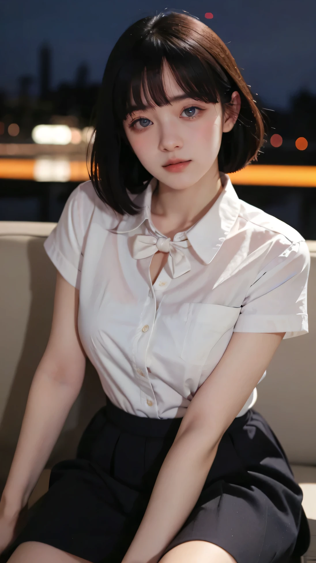 (8k, RAW photo, best quality, masterpiece:1.2), (realistic, photo-realistic:1.37), ultra-detailed,
1 girl,cute, solo,beautiful detailed sky,detailed cafe,night,sitting,dating,(nose blush),(smile:1.1),(closed mouth)
medium breasts,beautiful detailed eyes,(collared shirt:1.1), bowtie,pleated skirt,(short hair:1.2),floating hair