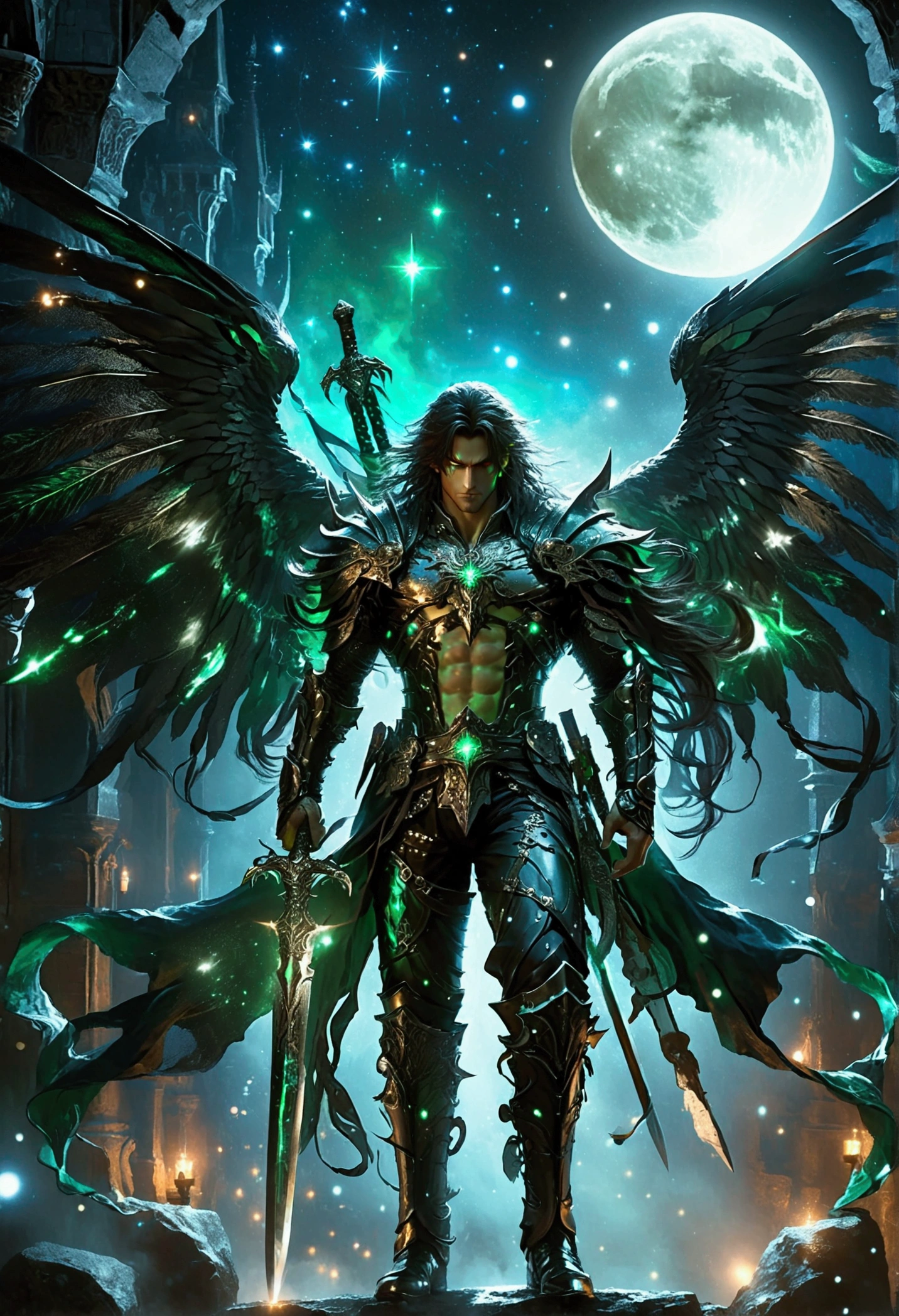 A character with glowing green eyes, demonic wings, and dual-wield swords stands under a starry moonlit night. He has long flowing hair and a muscular physique. He is adorned in uniquely designed armor with sharp, curved designs and ornate with mystic symbols. The stars twinkle brightly above him, and the moon casts an ethereal light upon the foggy terrain.