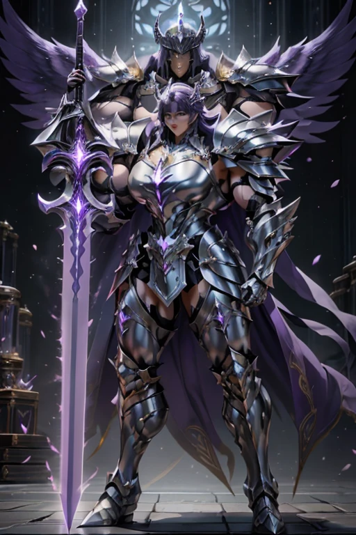 (((Massive beautiful, buff, pale white skinned muscular female saint knight with violet purple hair, black lipstick, ginormous bulky muscles, carrying a giant sword and wearing a violet Saint Seiya Gemini Armor))), (((close-up view))), large breast, massive muscles, massive biceps, hyper muscle shoulders, hyper muscle triceps, (long hair with long bangs), black eyes, (Paladin boots), (angel metal armor), breastplate, (angel gauntlets), (holy Shoulder armor), closed smile, (in a heavenly castle), Vascular arms, hyper muscles arms, hyper muscle legs, massive buff arms.